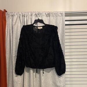 MELLODAY Black Sheer V-Neck Tie-Hem Blouse